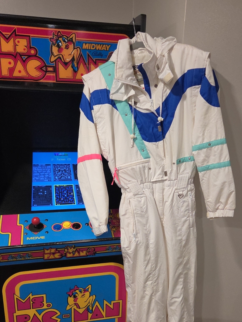 Vintage Obermeyer White Ski One-Piece with Blue and Neon Pink & Aqua Accents